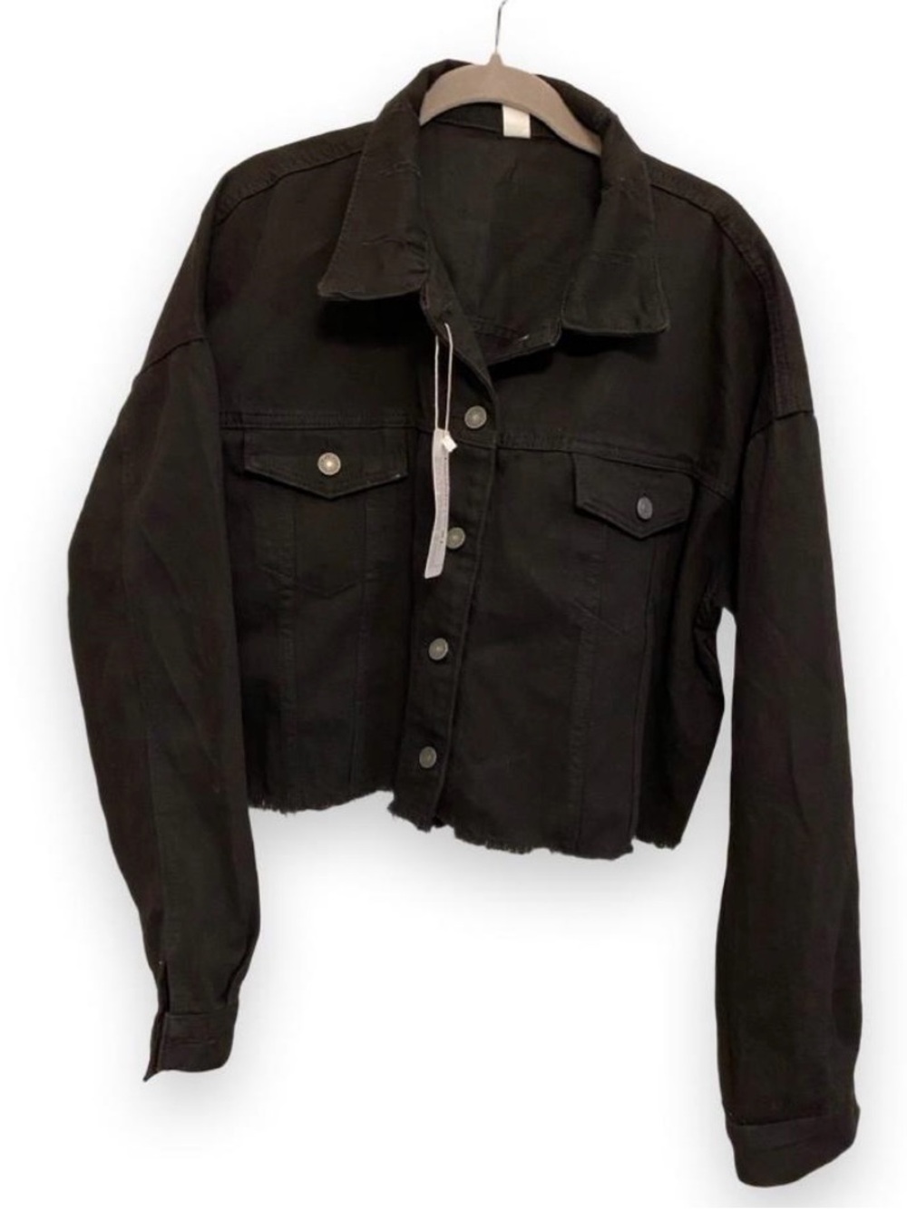 Women's Black Cropped Denim Jacket - Classic Button Front